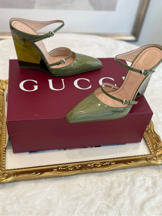 Gucci Shoes - Gucci Olive Patent Leather Double-Strap Wedge Pumps